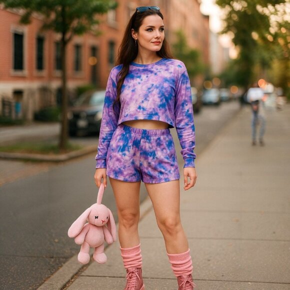 Femme Magic Tie Dye Lounge Set – Crop Top & Shorts – Purple Pink – Size M – NWT - Picture 4 of 4